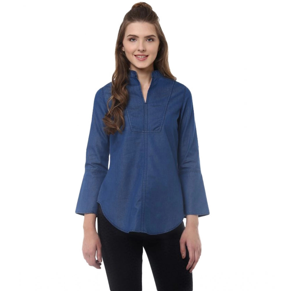 Women's Denim Solid Bell Sleeve Regular Top - Blue Denim