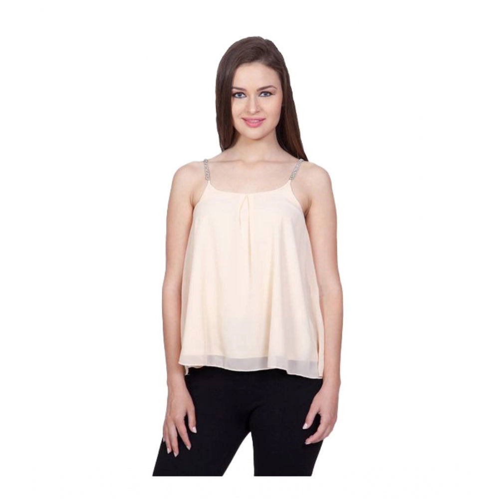 Women's Polyester Solid Shoulder Straps Regular Top - Beige