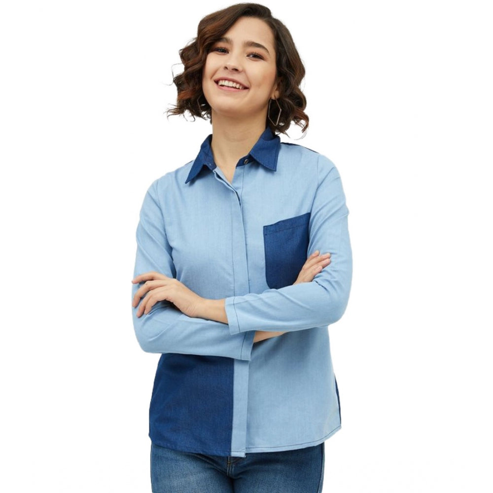 Women's Denim Patch Work Long Sleeve Standard Length Shirt - Blue