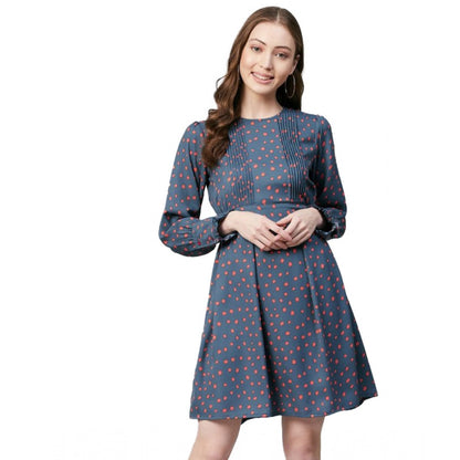 Generic Women's Polyester Polka Long Sleeves Above Knee Dress (Grey - Coral) - Women's Dress | POPNOVA