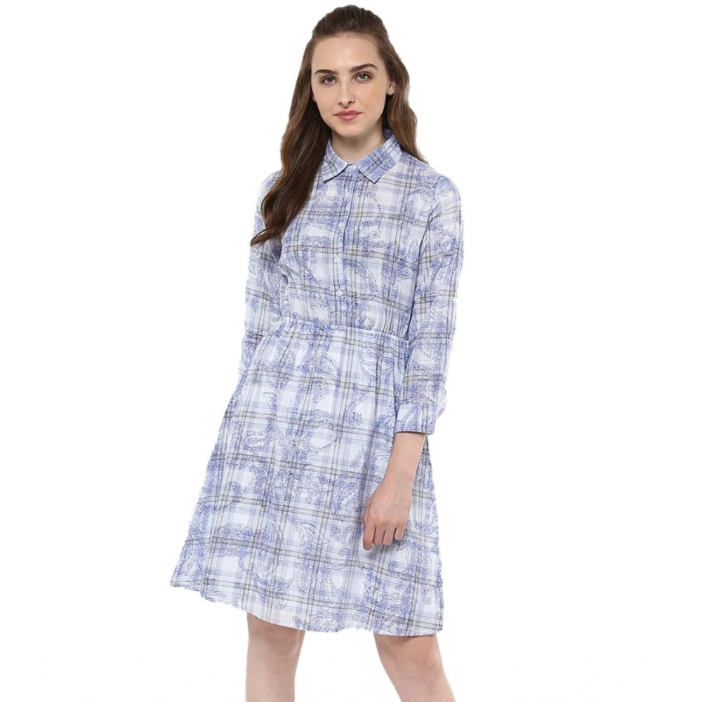 Generic Women's Cotton Checkered Roll Up Sleeve Above Knee Dress (Blue) - Women's Dress | POPNOVA