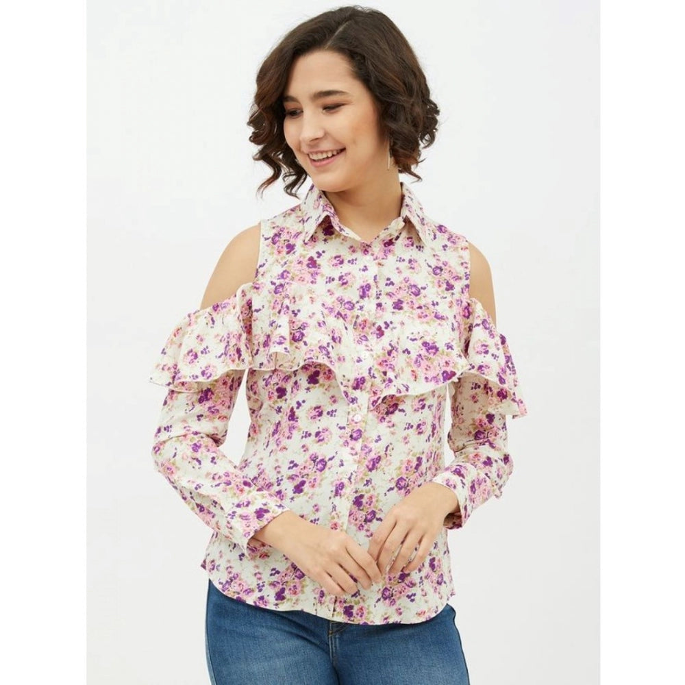 Women's Polyester Floral Cold Shoulder Standard Length Shirt - White