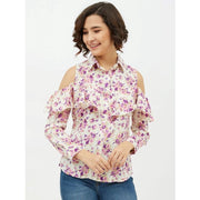 Women's Polyester Floral Cold Shoulder Standard Length Shirt - White