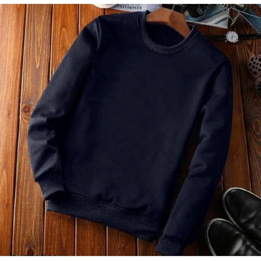 Solid Fleece Round Neck Long Sleeve Sweatshirt for Men - Navy Blue - POPNOVA - photo 3