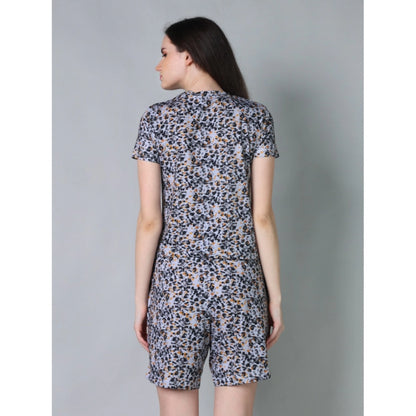 Women's Cotton Blended Printed Round Neck Half Sleeve Top - Shorts Set (Multicolor)