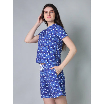 Women's Cotton Blended Printed Round Neck Half Sleeve Top - Shorts Set (Blue)