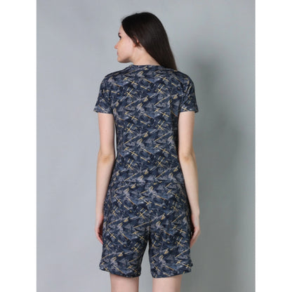 Women's Cotton Blended Printed Round Neck Half Sleeve Top - Shorts Set (Navy)