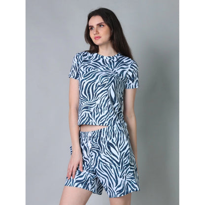 Women's Cotton Blended Printed Round Neck Half Sleeve Top - Shorts Set (Blue)