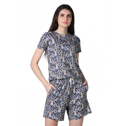 Women's Cotton Blended Printed Round Neck Half Sleeve Top - Shorts Set (Multicolor)