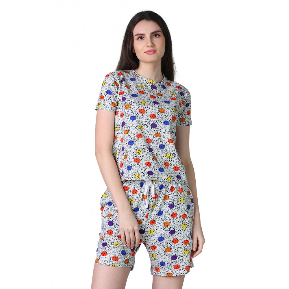 Women's Cotton Blended Printed Round Neck Half Sleeve Top - Shorts Set (Grey)