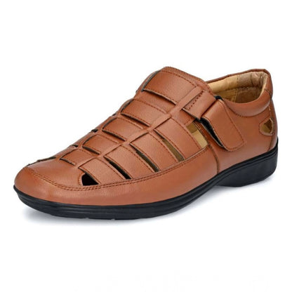 Men's Casual Faux Leather Solid Velcro Sandal (Tan) - Tan, Faux Leather • Pattern: Solid, Solid | POPNOVA