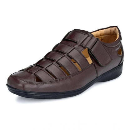 Men's Casual Faux Leather Solid Velcro Sandal (Brown) - Brown, Faux Leather • Pattern: Solid, Solid | POPNOVA