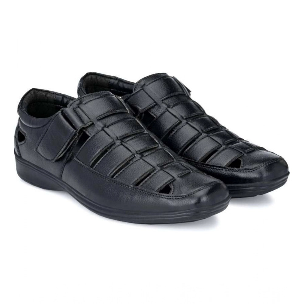 Men's Casual Faux Leather Solid Velcro Sandal (Black) - Black, Faux Leather • Pattern: Solid, Solid | POPNOVA