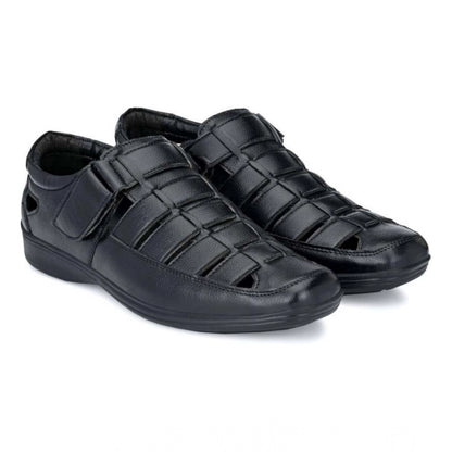 Men's Casual Faux Leather Solid Velcro Sandal (Black) - Black, Faux Leather • Pattern: Solid, Solid | POPNOVA