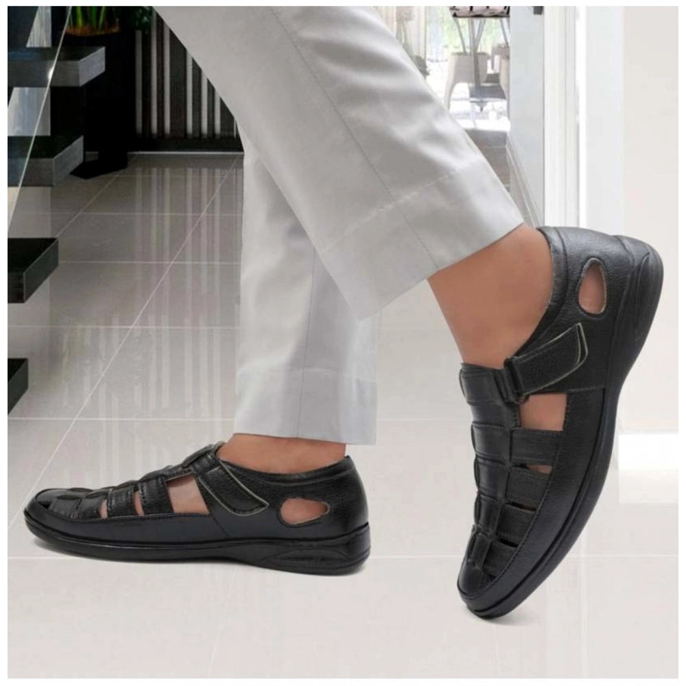 Men's Casual Faux Leather Solid Velcro Sandal (Black) - Black, Faux Leather • Pattern: Solid, Solid | POPNOVA