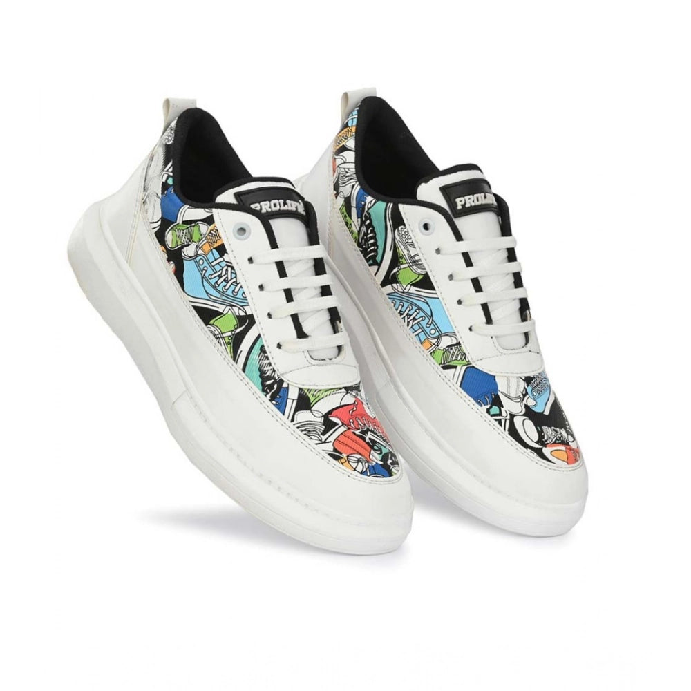 Men's Casual Synthetic Printed Lace-Up Shoes (White) - White, Synthetic • Pattern: Printed, Printed | POPNOVA