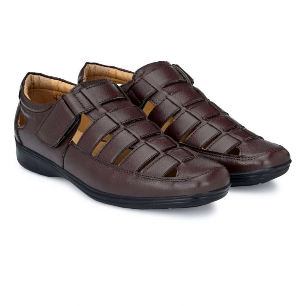Men's Casual Faux Leather Solid Velcro Sandal (Brown) - Brown, Faux Leather • Pattern: Solid, Solid | POPNOVA