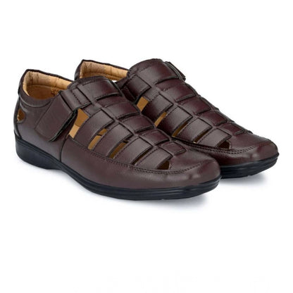 Men's Casual Faux Leather Solid Velcro Sandal (Brown) - Brown, Faux Leather • Pattern: Solid, Solid | POPNOVA