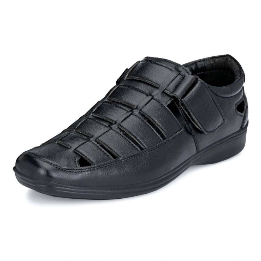 Men's Casual Faux Leather Solid Velcro Sandal (Black) - Black, Faux Leather • Pattern: Solid, Solid | POPNOVA