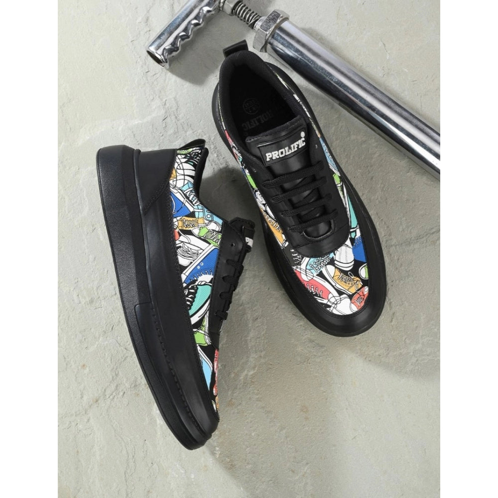 Men's Casual Synthetic Printed Lace-Up Shoes (Black) - Black, Synthetic • Pattern: Printed, Printed | POPNOVA