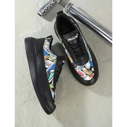 Men's Casual Synthetic Printed Lace-Up Shoes (Black) - Black, Synthetic • Pattern: Printed, Printed | POPNOVA