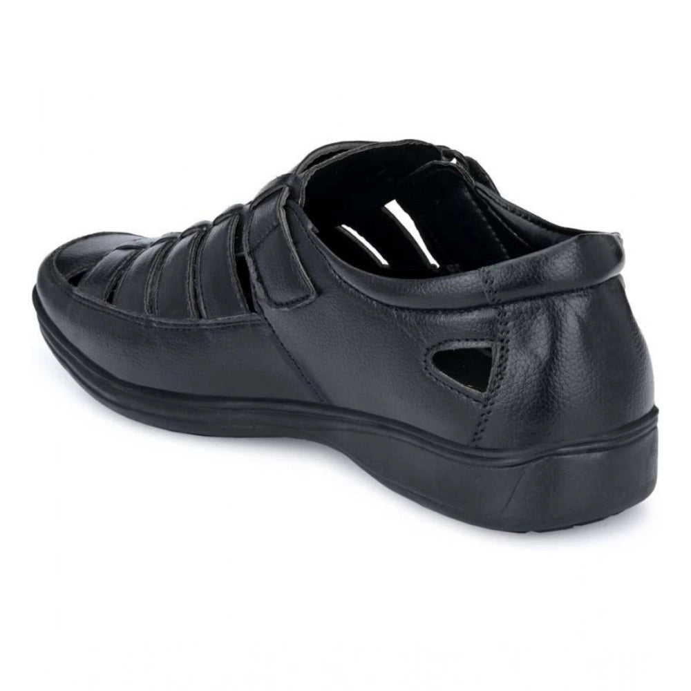 Men's Casual Faux Leather Solid Velcro Sandal (Black) - Black, Faux Leather • Pattern: Solid, Solid | POPNOVA