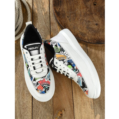 Men's Casual Synthetic Printed Lace-Up Shoes (White) - White, Synthetic • Pattern: Printed, Printed | POPNOVA