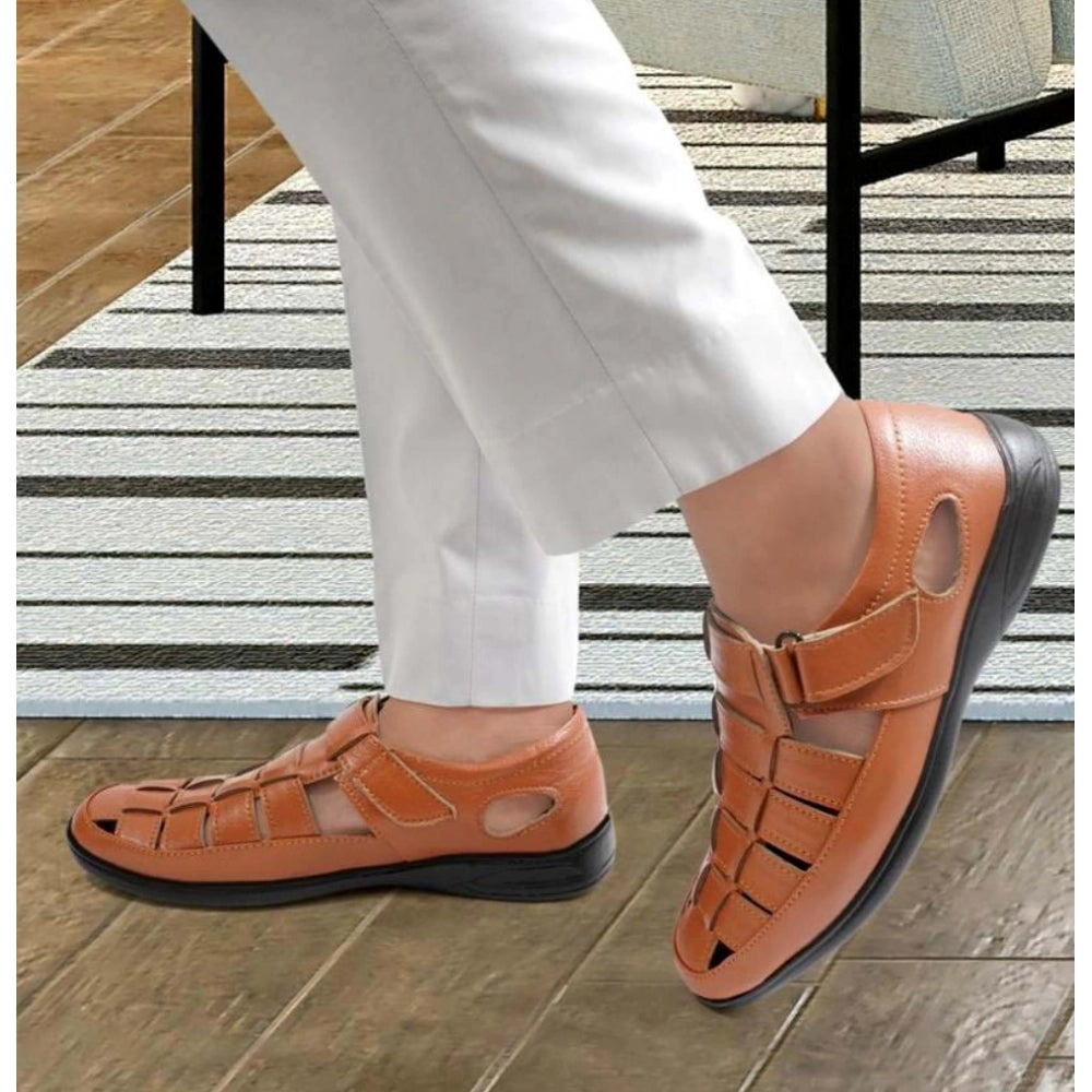 Men's Casual Faux Leather Solid Velcro Sandal (Tan) - Tan, Faux Leather • Pattern: Solid, Solid | POPNOVA