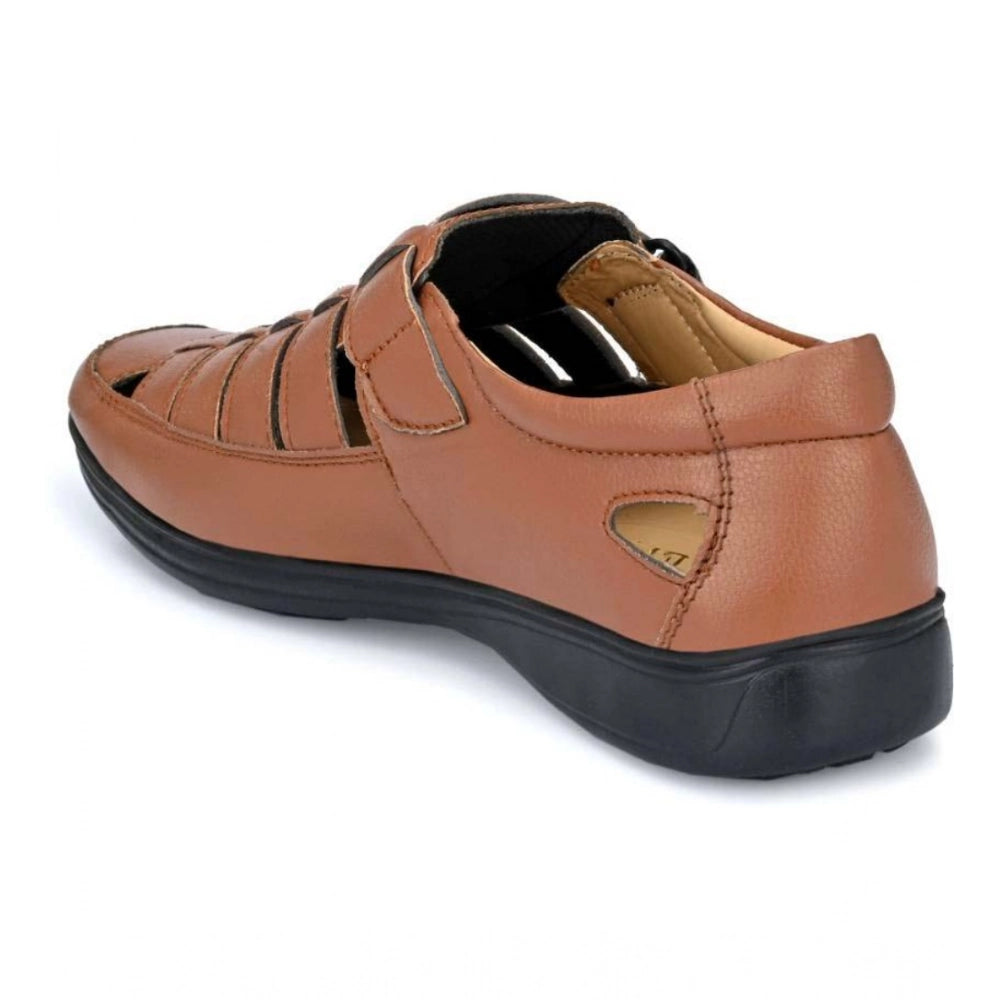 Men's Casual Faux Leather Solid Velcro Sandal (Tan) - Tan, Faux Leather • Pattern: Solid, Solid | POPNOVA