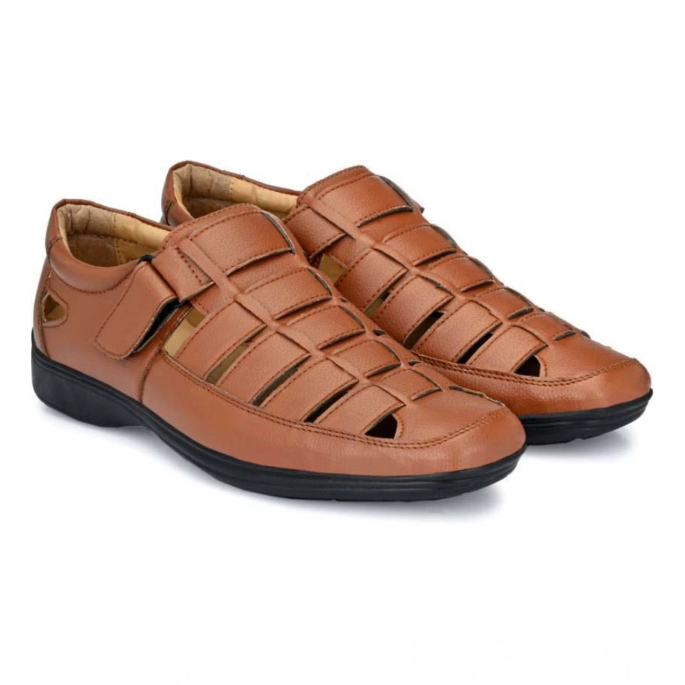 Men's Casual Faux Leather Solid Velcro Sandal (Tan) - Tan, Faux Leather • Pattern: Solid, Solid | POPNOVA