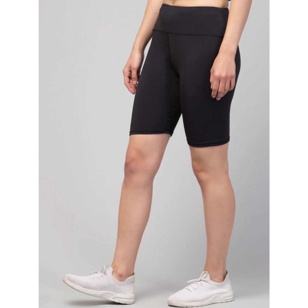 Generic Women's Polyester Solid Above Knee High-Rise Shorts (Black)