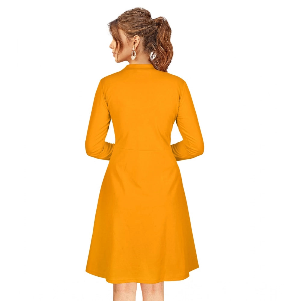 Generic Women's Knitting stretchable Solid Round Neck Full Sleeve Dress (Yellow)