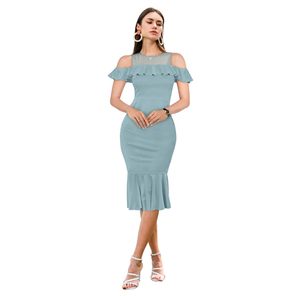 Generic Women's Knitting stretchable Solid Round Neck Sleeveless Dress (Pista )