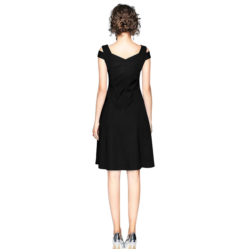 Generic Women's Polyester Solid V Neck Cap Sleeve off Shoulder Dress (Black)