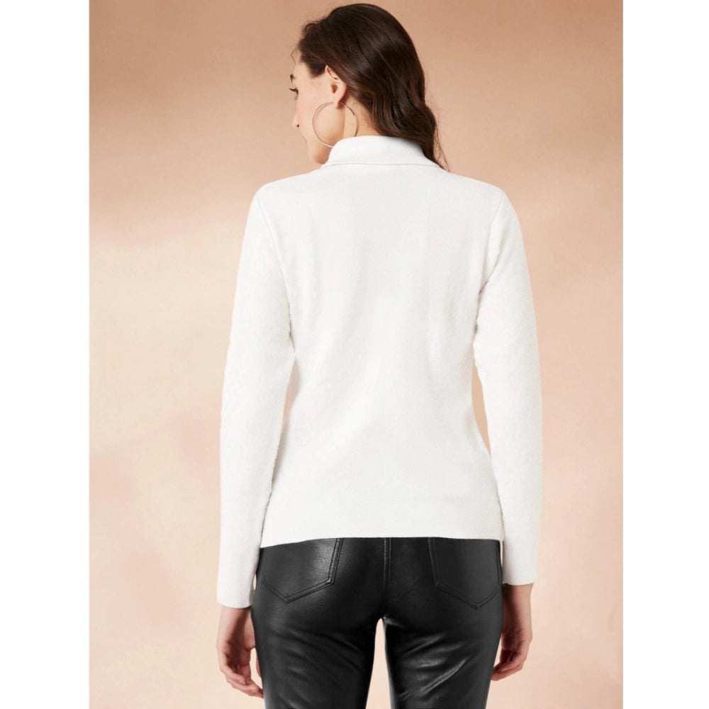 Women's Polyester Solid High Neck Full Sleeve T - Shirt - White