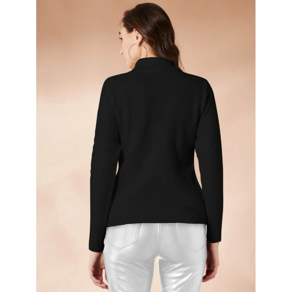 Women's Polyester Solid High Neck Full Sleeve T - Shirt - Black