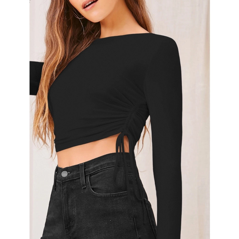 Women's Polyester Solid Round Neck Full Sleeve Top - Black