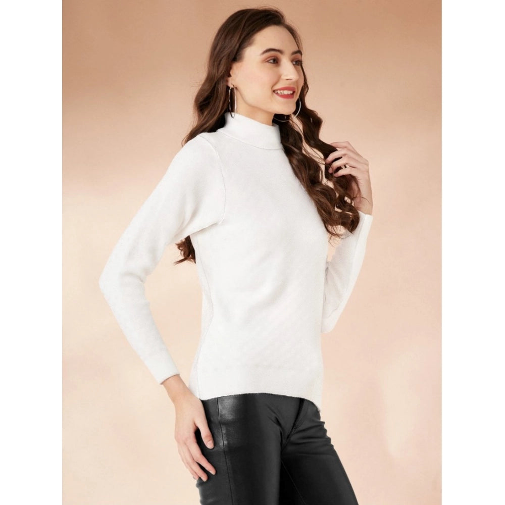 Women's Polyester Solid High Neck Full Sleeve T - Shirt - White