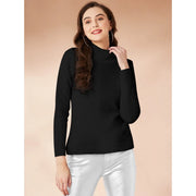 Women's Polyester Solid High Neck Full Sleeve T - Shirt - Black