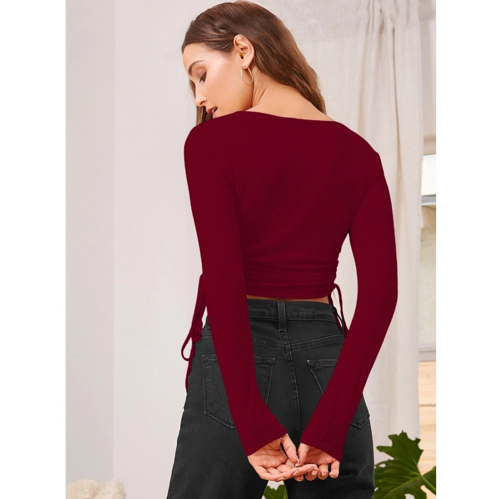 Women's Polyester Solid Round Neck Full Sleeve Top - Maroon
