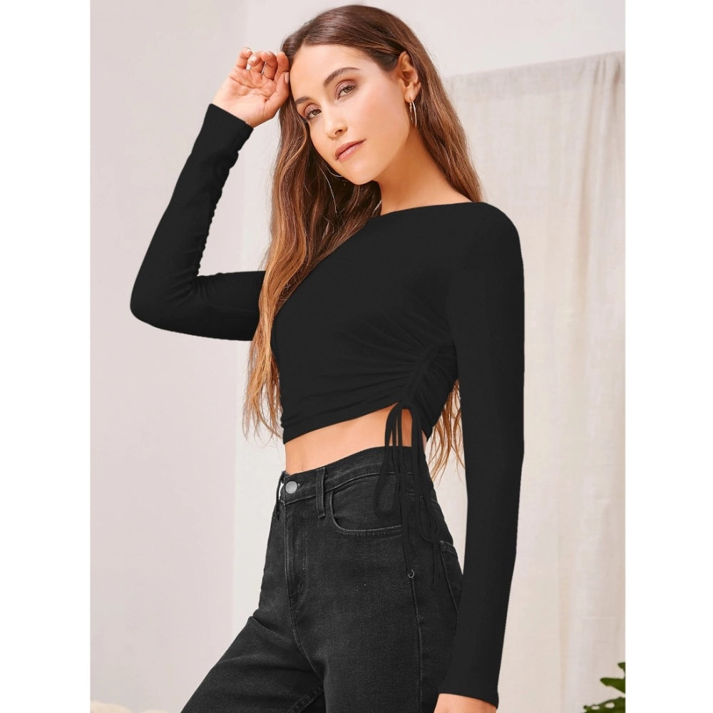Women's Polyester Solid Round Neck Full Sleeve Top - Black