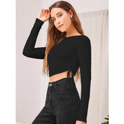 Women's Polyester Solid Round Neck Full Sleeve Top - Black
