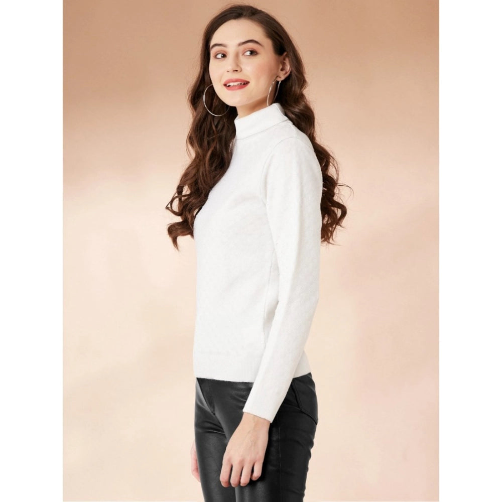 Women's Polyester Solid High Neck Full Sleeve T - Shirt - White