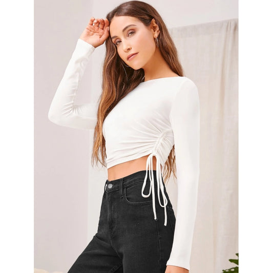 Women's Polyester Solid Round Neck Full Sleeve Top (White) - POPNOVA