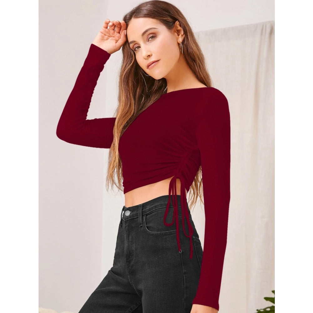 Women's Polyester Solid Round Neck Full Sleeve Top - Maroon