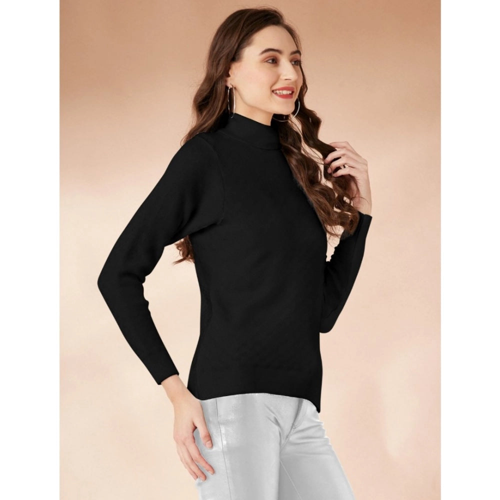 Women's Polyester Solid High Neck Full Sleeve T - Shirt - Black