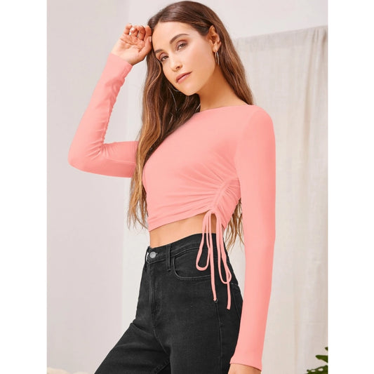 Women's Polyester Solid Round Neck Full Sleeve Top (Peach) - POPNOVA
