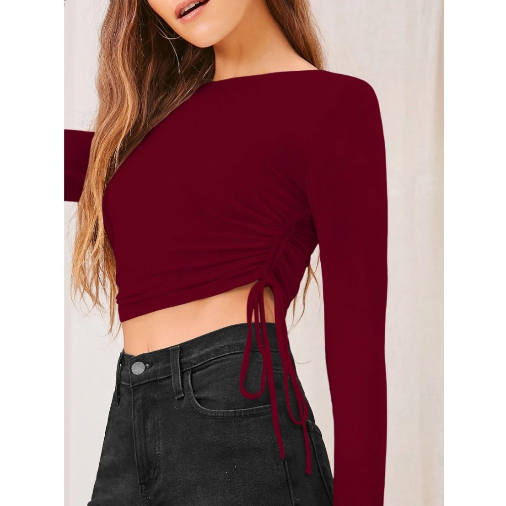 Women's Polyester Solid Round Neck Full Sleeve Top - Maroon