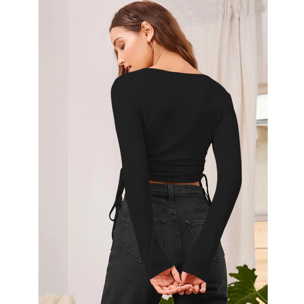 Women's Polyester Solid Round Neck Full Sleeve Top - Black