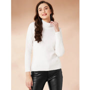 Women's Polyester Solid High Neck Full Sleeve T - Shirt - White